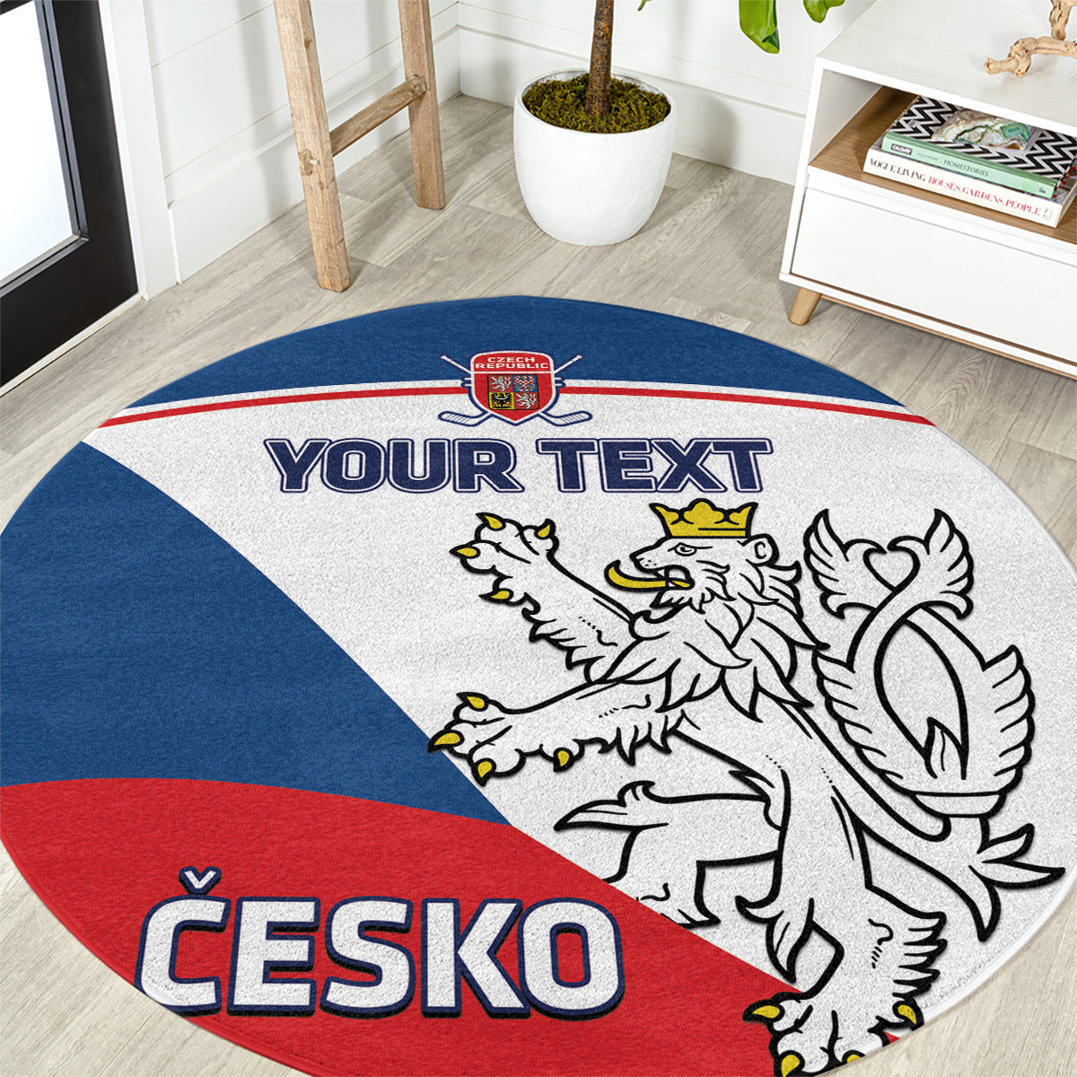 Round hockey rug with Czech crest, red and blue bands, and custom text