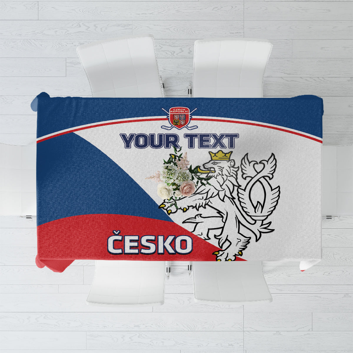 Red, blue, and white hockey tablecloth with Czech crest and custom text banner
