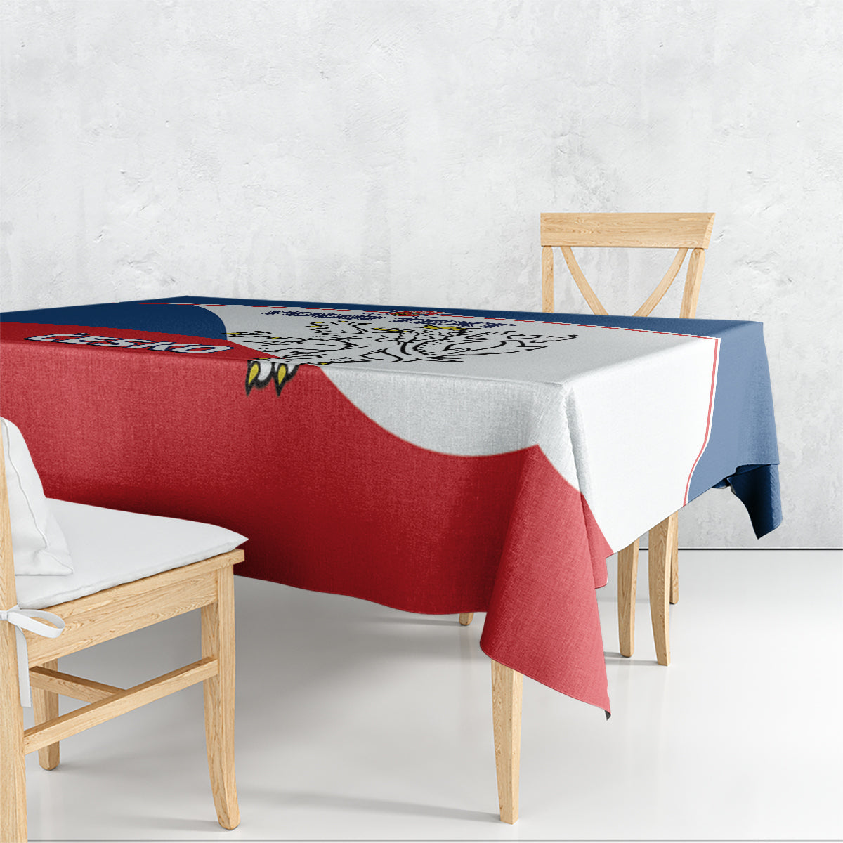 Red, blue, and white hockey tablecloth draped over dining table