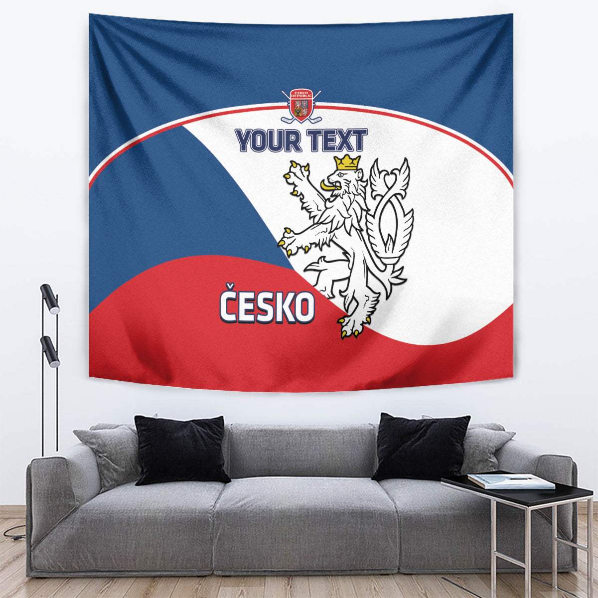 Czech hockey tapestry in blue, red, and white with lion crest and “YOUR TEXT”