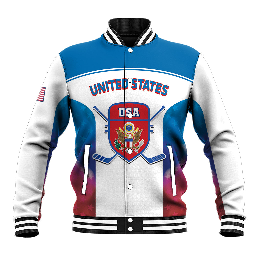 Unisex blue-and-white USA hockey varsity jacket with UNITED STATES front emblem
