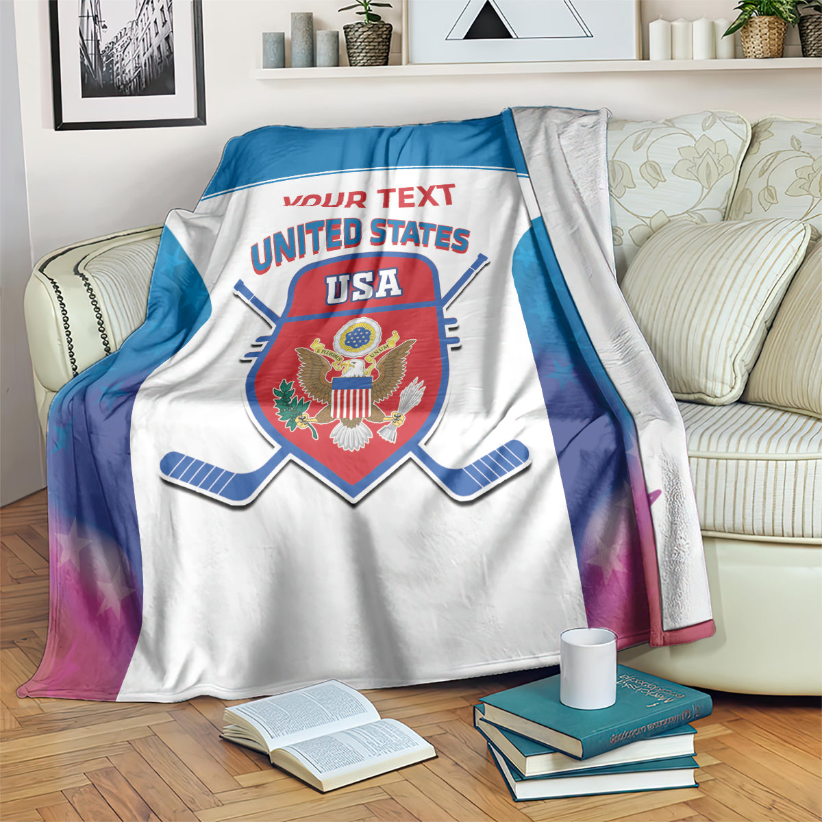 Custom hockey blanket, blue and white with USA hockey shield graphic and “YOUR TEXT”.