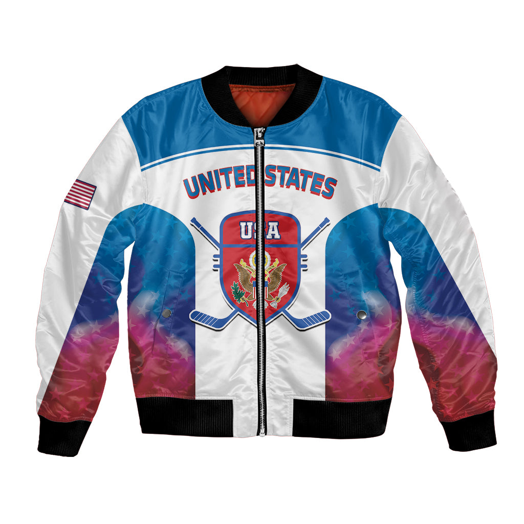 Blue white and pink bomber jacket, ribbed cuffs, full-zip front, United States and USA crest