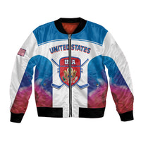 Blue white and pink bomber jacket, ribbed cuffs, full-zip front, United States and USA crest