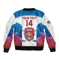 Blue white pink bomber jacket with ribbed trim, full zip, USA hockey crest and 14