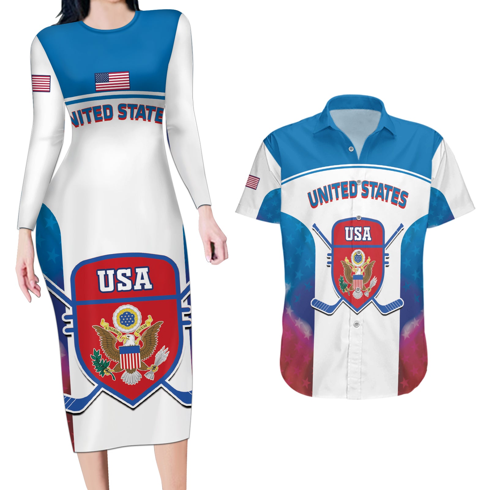 Custom United States Hockey Couples Matching Long Sleeve Bodycon Dress and Hawaiian Shirt 2024 Go USA - Wonder Print Shop