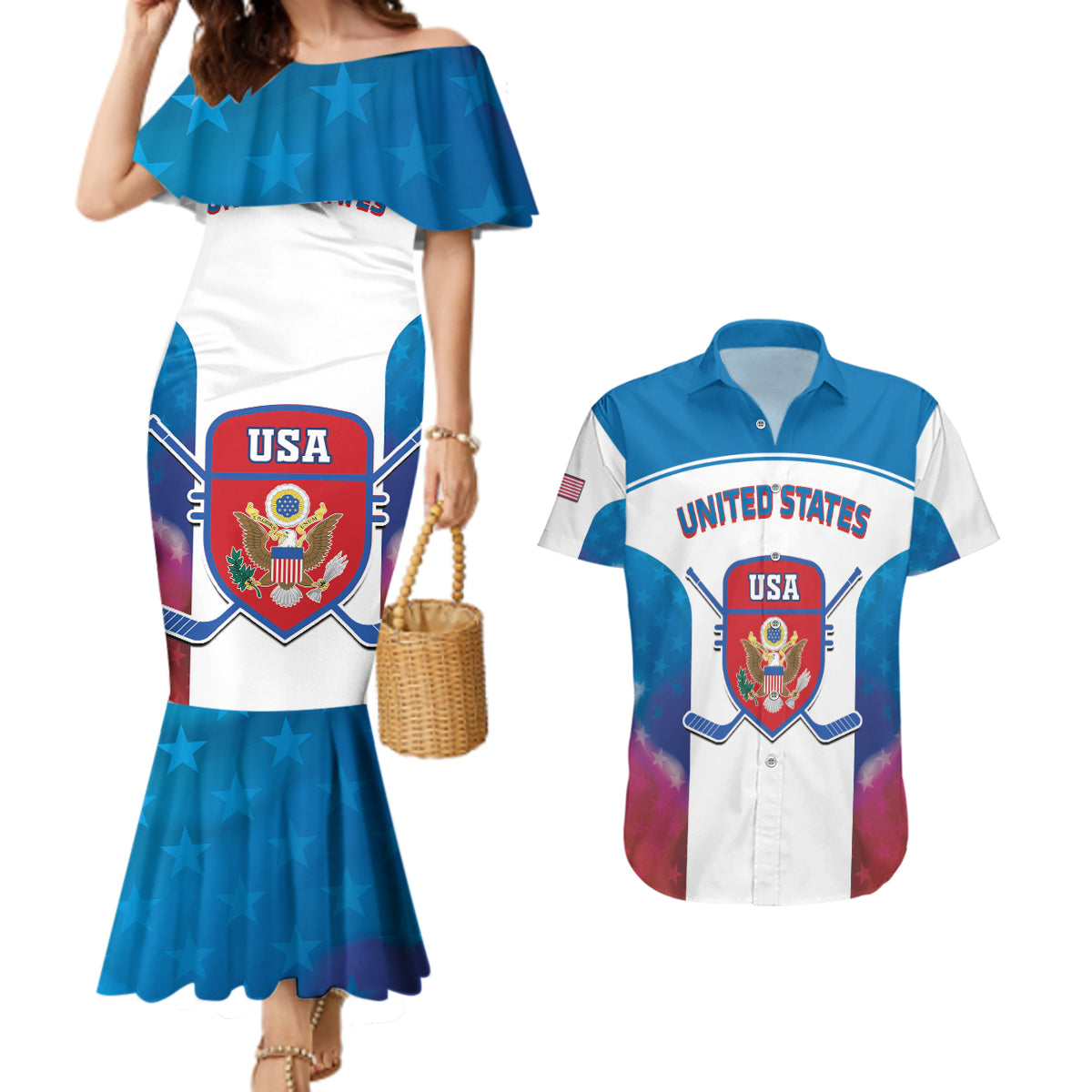 Custom United States Hockey Couples Matching Mermaid Dress and Hawaiian Shirt 2024 Go USA - Wonder Print Shop