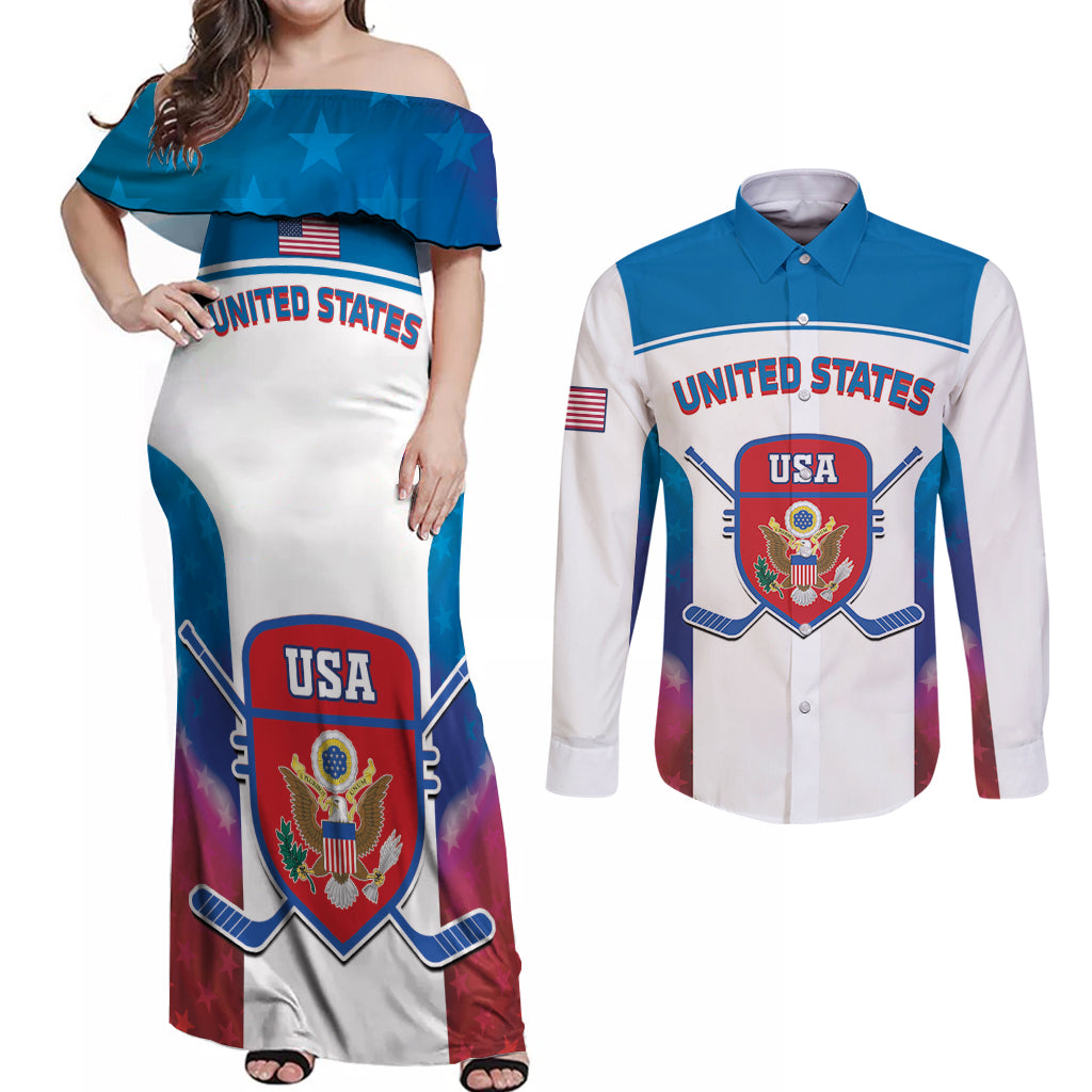 Custom United States Hockey Couples Matching Off Shoulder Maxi Dress and Long Sleeve Button Shirt 2024 Go USA - Wonder Print Shop