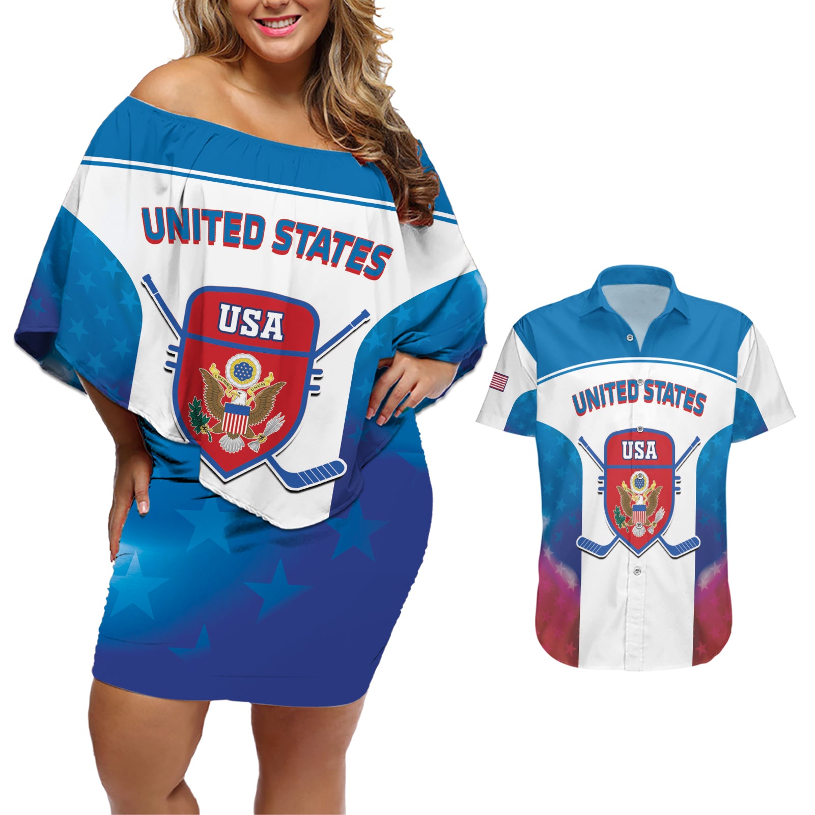 Custom United States Hockey Couples Matching Off Shoulder Short Dress and Hawaiian Shirt 2024 Go USA - Wonder Print Shop