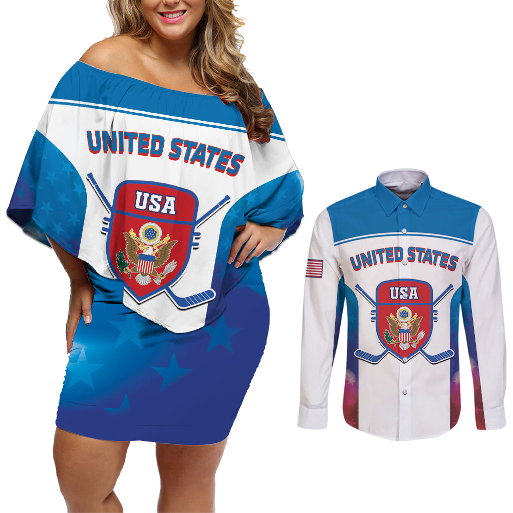 Custom United States Hockey Couples Matching Off Shoulder Short Dress and Long Sleeve Button Shirt 2024 Go USA - Wonder Print Shop