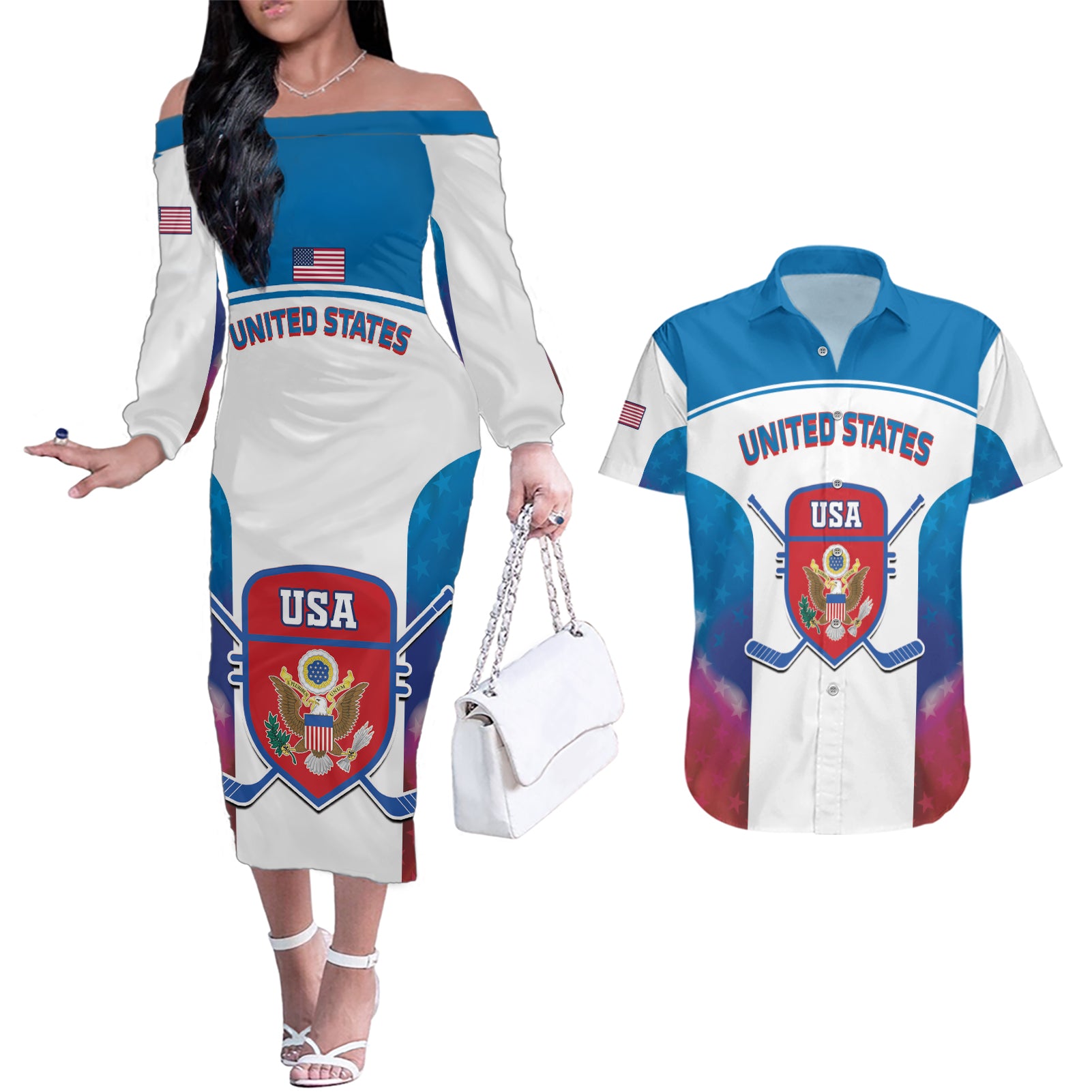 Custom United States Hockey Couples Matching Off The Shoulder Long Sleeve Dress and Hawaiian Shirt 2024 Go USA - Wonder Print Shop