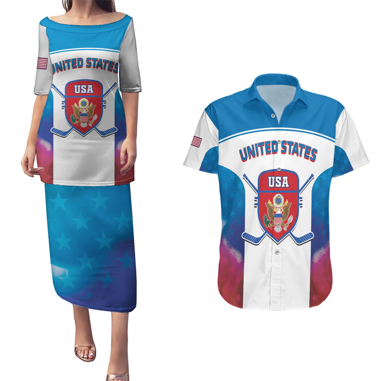 Custom United States Hockey Couples Matching Puletasi and Hawaiian Shirt 2024 Go USA - Wonder Print Shop