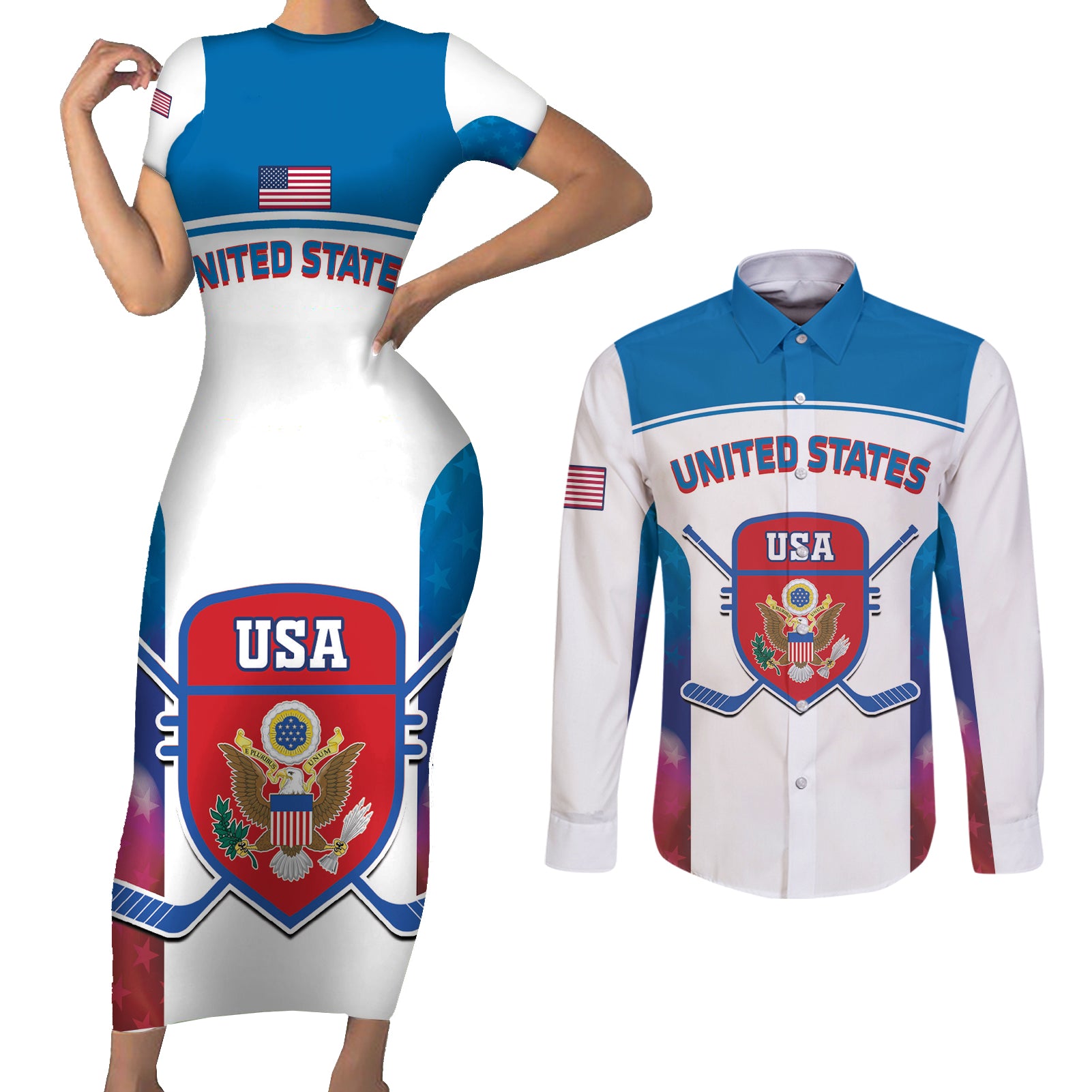 Custom United States Hockey Couples Matching Short Sleeve Bodycon Dress and Long Sleeve Button Shirt 2024 Go USA - Wonder Print Shop