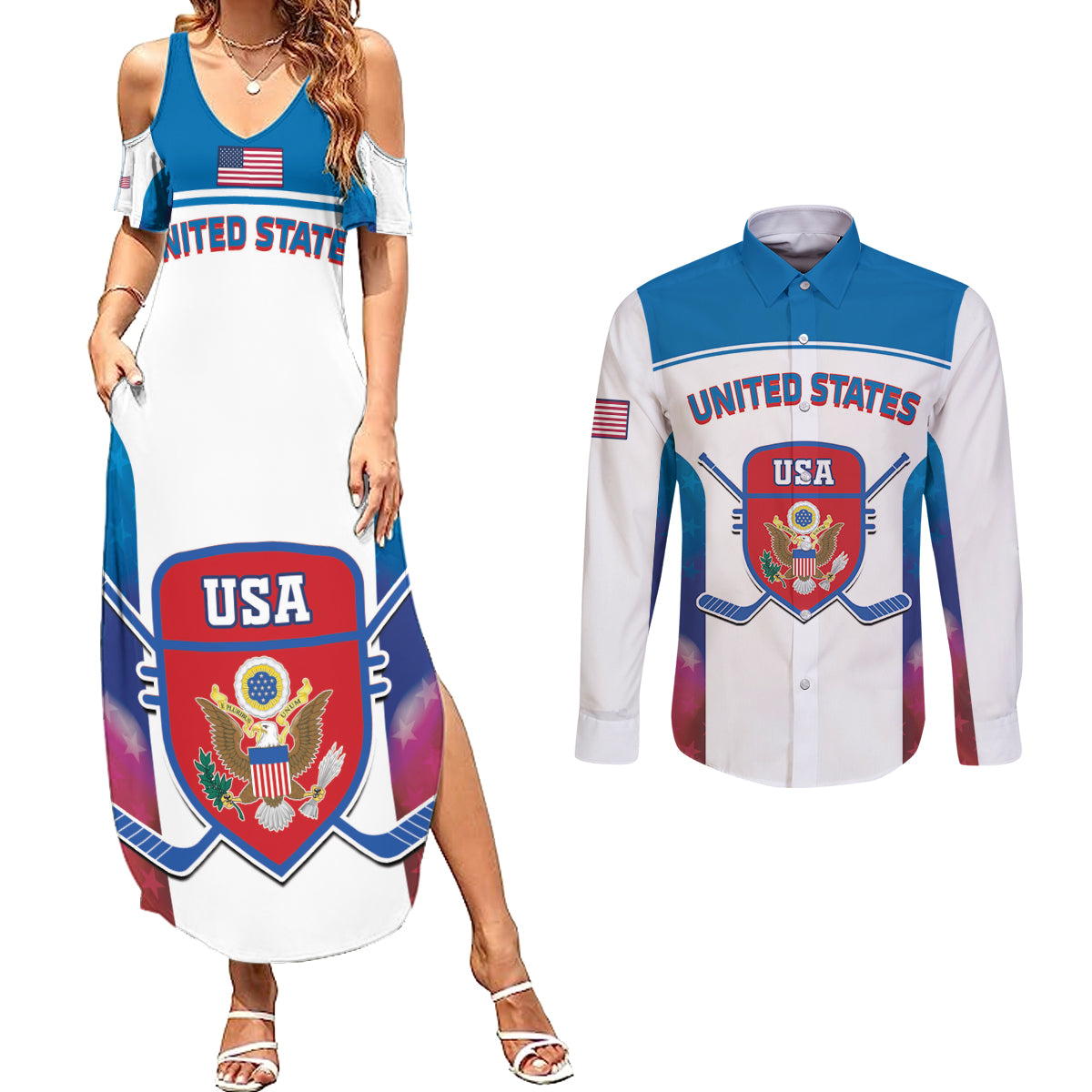 Custom United States Hockey Couples Matching Summer Maxi Dress and Long Sleeve Button Shirt 2024 Go USA - Wonder Print Shop