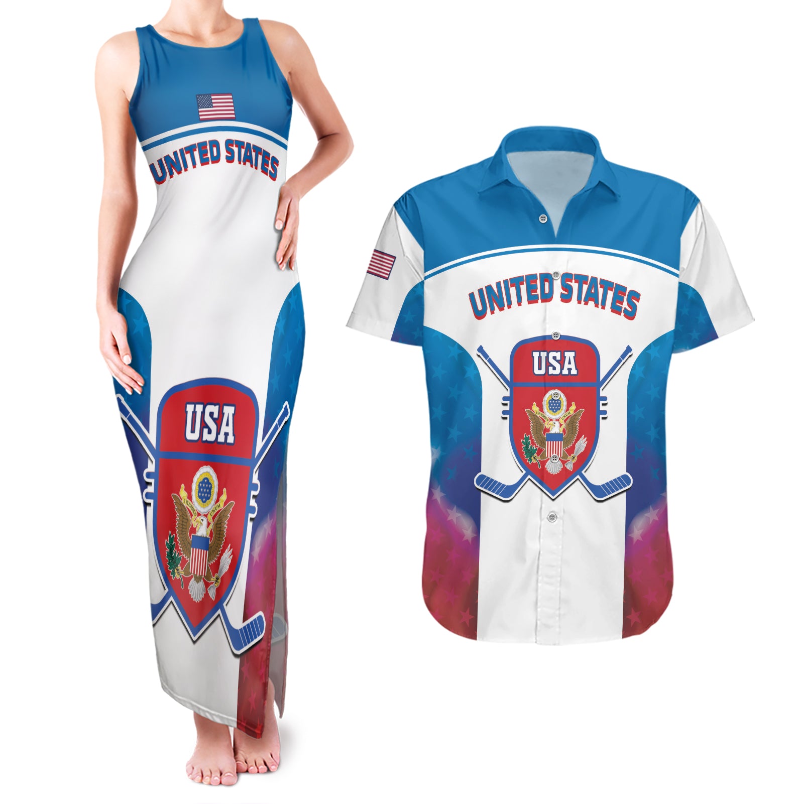 Custom United States Hockey Couples Matching Tank Maxi Dress and Hawaiian Shirt 2024 Go USA - Wonder Print Shop