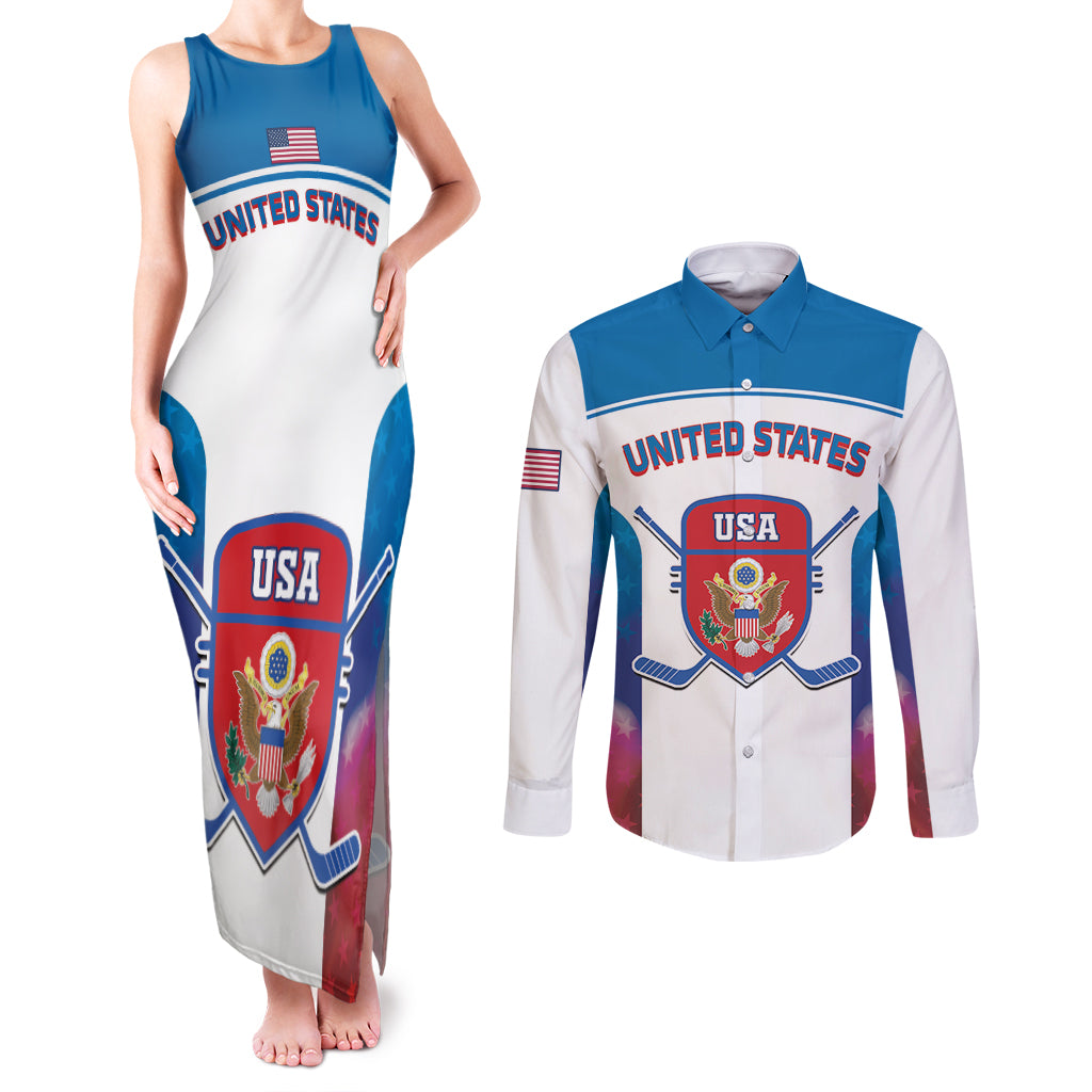 Custom United States Hockey Couples Matching Tank Maxi Dress and Long Sleeve Button Shirt 2024 Go USA - Wonder Print Shop