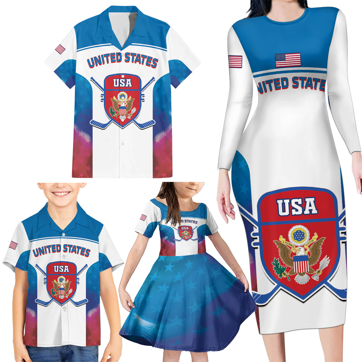 Custom United States Hockey Family Matching Long Sleeve Bodycon Dress and Hawaiian Shirt 2024 Go USA - Wonder Print Shop