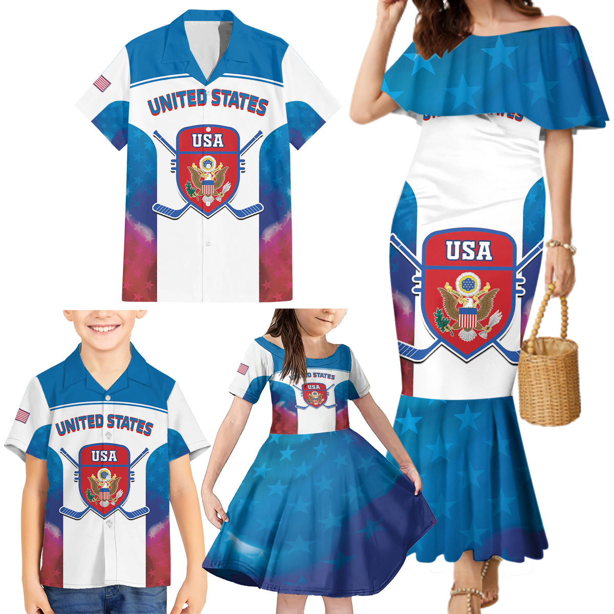 Custom United States Hockey Family Matching Mermaid Dress and Hawaiian Shirt 2024 Go USA - Wonder Print Shop