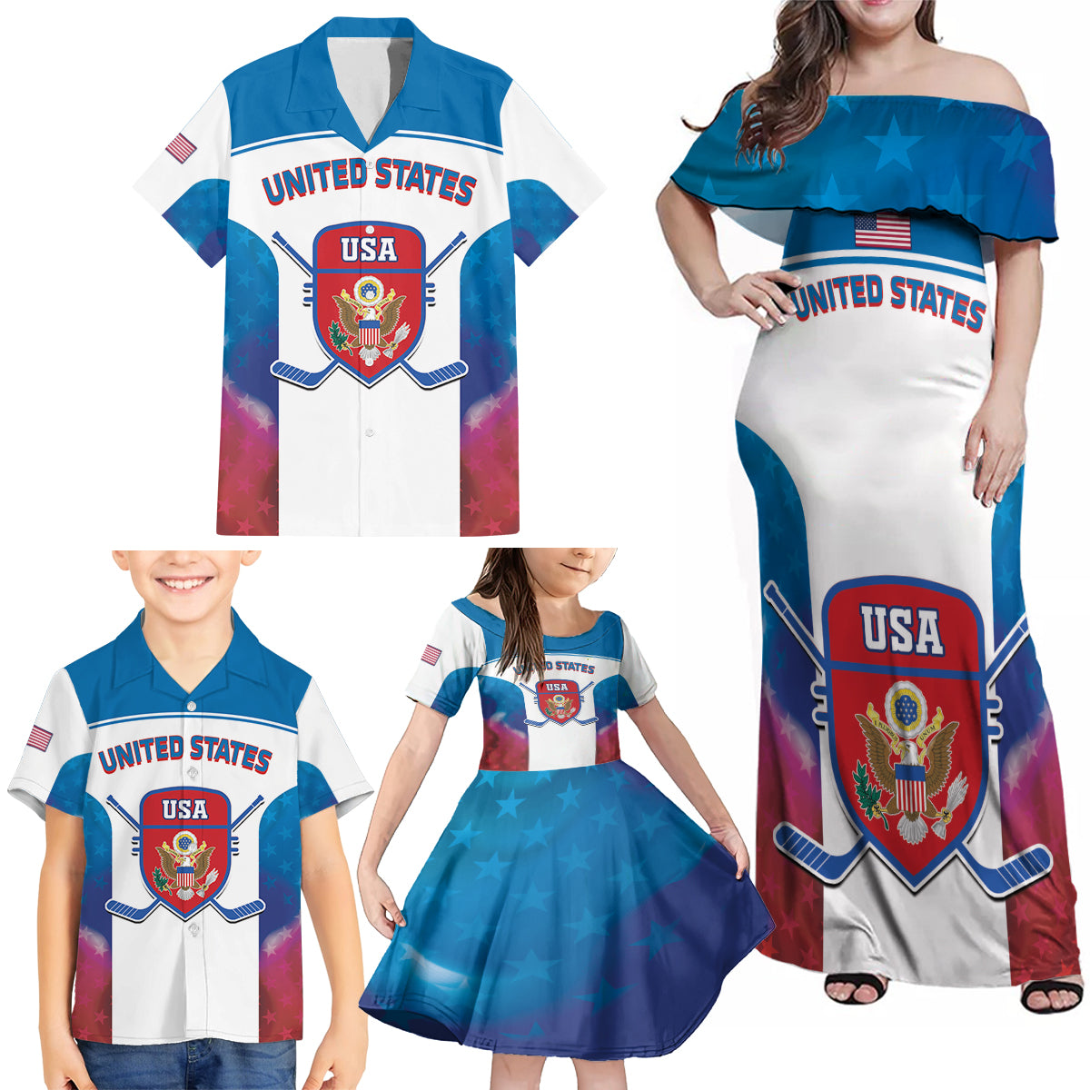 Custom United States Hockey Family Matching Off Shoulder Maxi Dress and Hawaiian Shirt 2024 Go USA - Wonder Print Shop