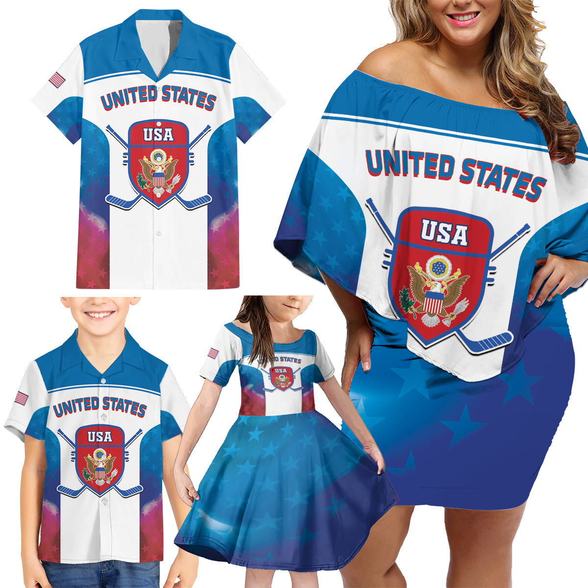 Custom United States Hockey Family Matching Off Shoulder Short Dress and Hawaiian Shirt 2024 Go USA - Wonder Print Shop