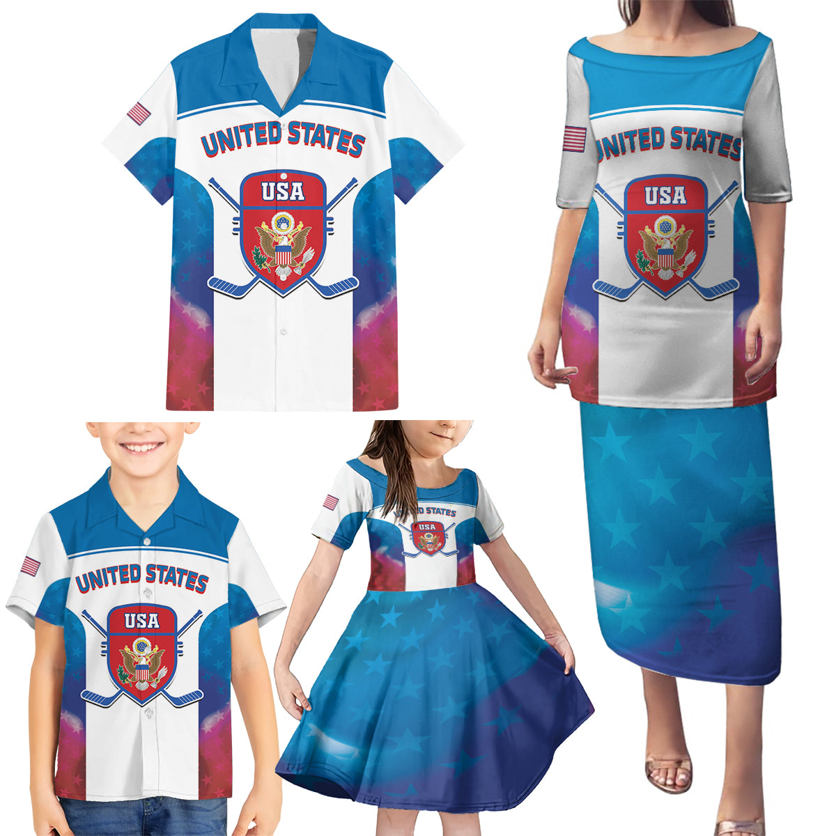 Custom United States Hockey Family Matching Puletasi and Hawaiian Shirt 2024 Go USA - Wonder Print Shop