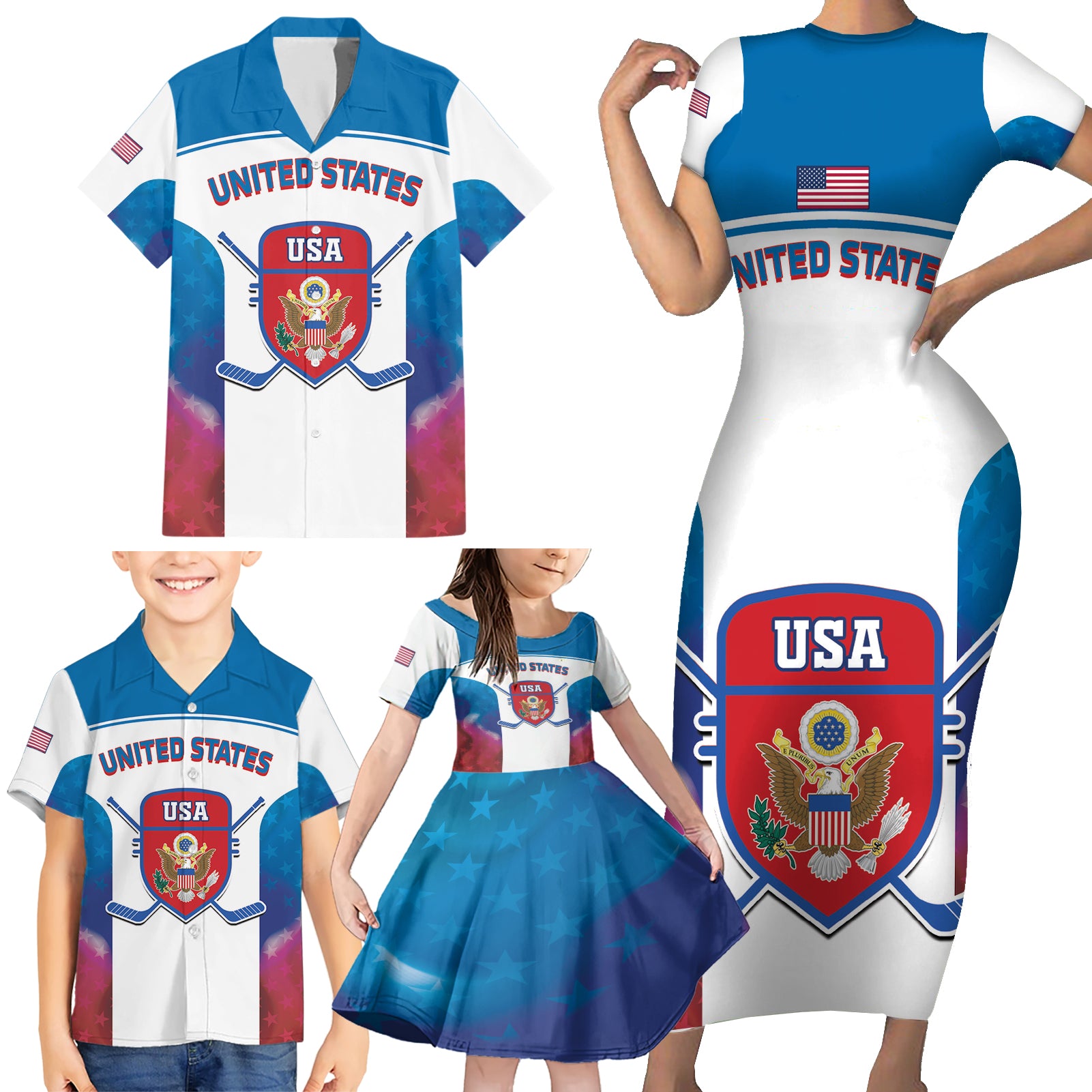 Custom United States Hockey Family Matching Short Sleeve Bodycon Dress and Hawaiian Shirt 2024 Go USA - Wonder Print Shop