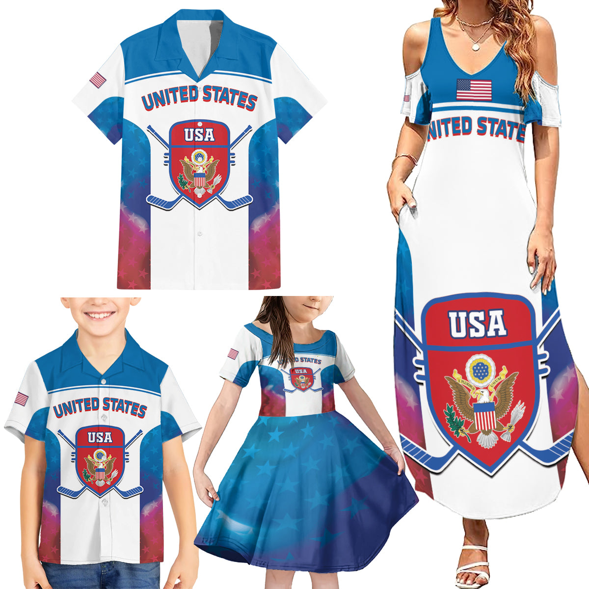 Custom United States Hockey Family Matching Summer Maxi Dress and Hawaiian Shirt 2024 Go USA - Wonder Print Shop