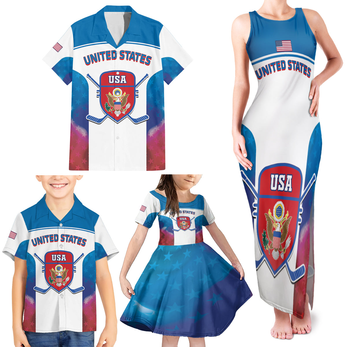 Custom United States Hockey Family Matching Tank Maxi Dress and Hawaiian Shirt 2024 Go USA - Wonder Print Shop