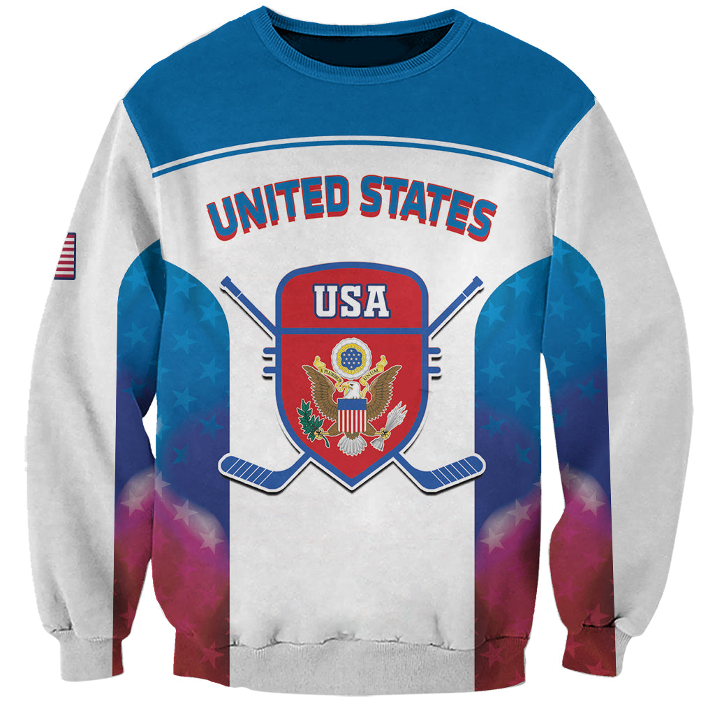Unisex hockey sweatshirt, blue/white with UNITED STATES text and USA crest with sticks
