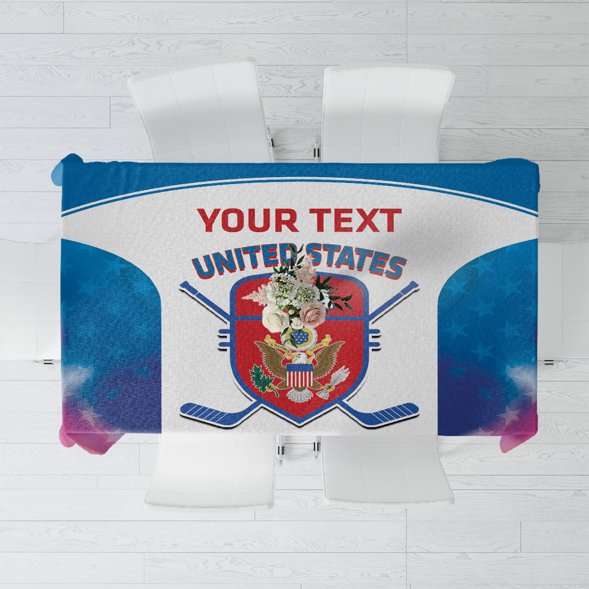 Custom hockey tablecloth, blue and white with US crest and bold text design