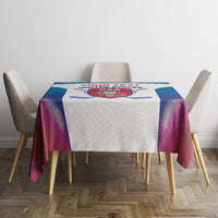 Blue and white custom hockey tablecloth with US crest on rectangular table