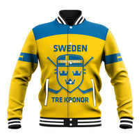 Yellow/blue baseball jacket with snap front, striped rib collar/cuffs, Sweden crest 'TRE KRONOR'