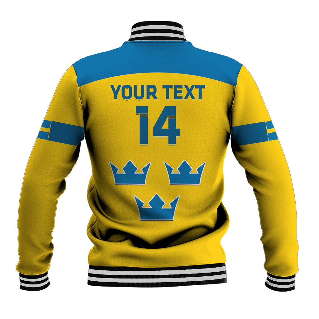 Yellow/blue baseball jacket with striped rib collar, back print: 'YOUR TEXT' and 14