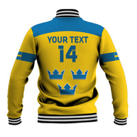 Yellow/blue baseball jacket with striped rib collar, back print: 'YOUR TEXT' and 14