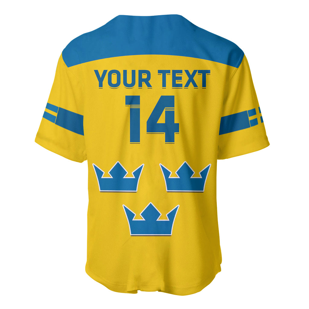 Yellow hockey baseball jersey back with blue stripes, YOUR TEXT and 14 number