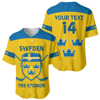 Yellow hockey baseball jersey set: front shows SWEDEN crest; back shows YOUR TEXT 14