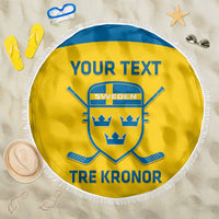 Yellow round beach blanket with fringe, Sweden crest, 'YOUR TEXT' and 'TRE KRONOR'