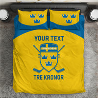 Yellow and blue Sweden hockey bedding set with crest and 'Tre Kronor' on duvet