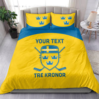 Yellow and blue bedding set with Sweden crest, 'YOUR TEXT', and 'Tre Kronor' duvet