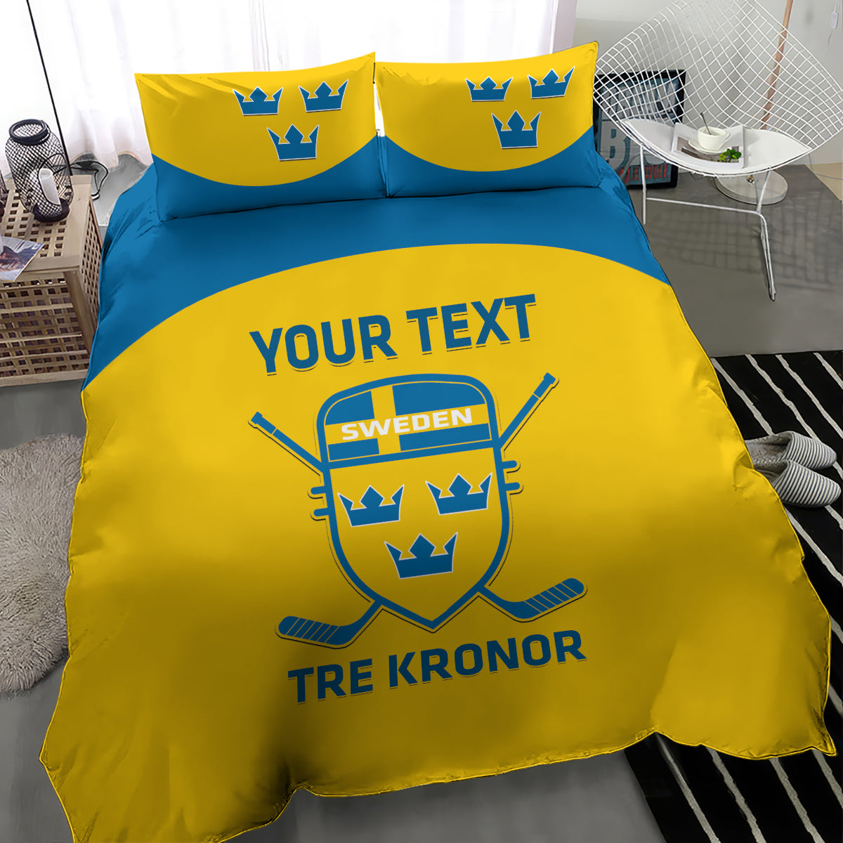 Yellow and blue Sweden hockey bedding set with 'YOUR TEXT' and crest on duvet
