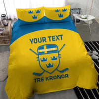 Yellow and blue Sweden hockey bedding set with 'YOUR TEXT' and crest on duvet