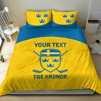 Yellow and blue Sweden hockey bedding set with 'YOUR TEXT' crest and 'Tre Kronor' duvet
