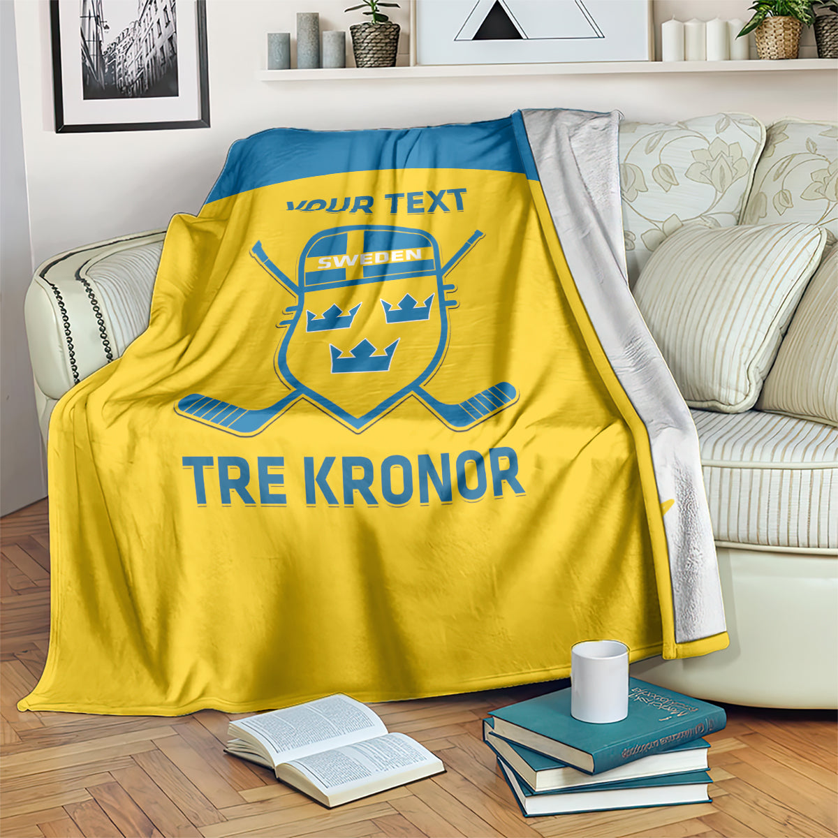 Sweden hockey blanket in yellow with blue stripe and crest, “TRE KRONOR” text