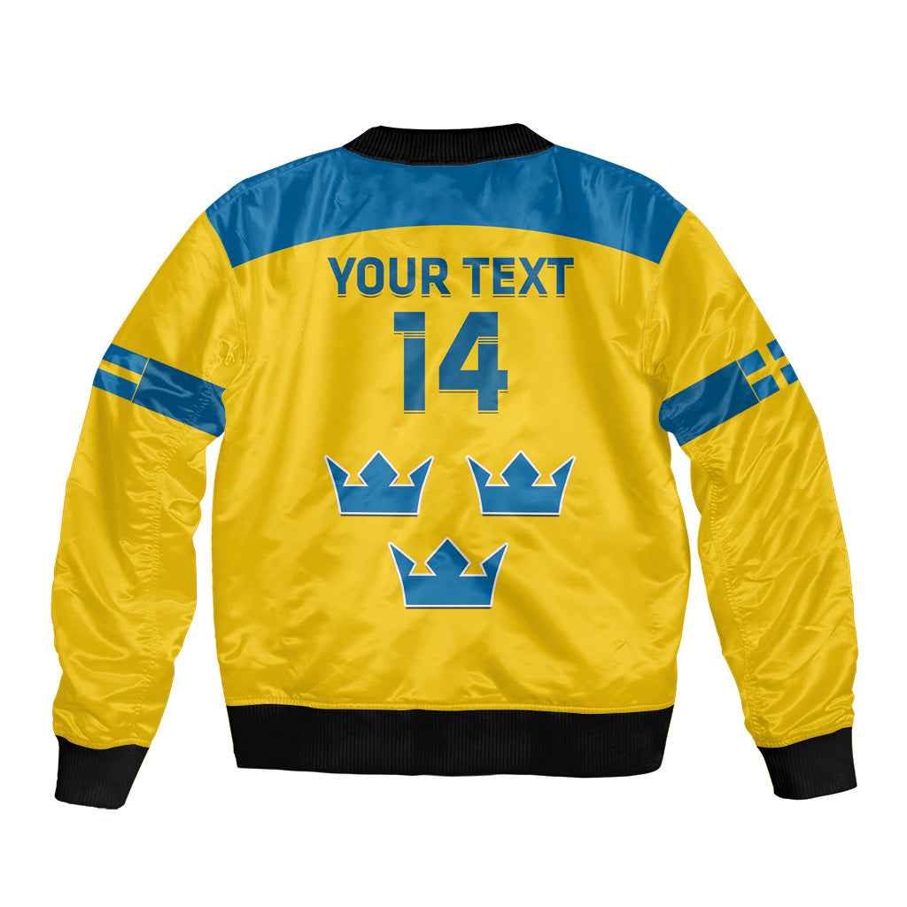 Yellow and blue hockey bomber jacket, ribbed cuffs, back print with number 14 and crowns