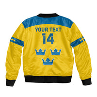 Yellow and blue hockey bomber jacket, ribbed cuffs, back print with number 14 and crowns
