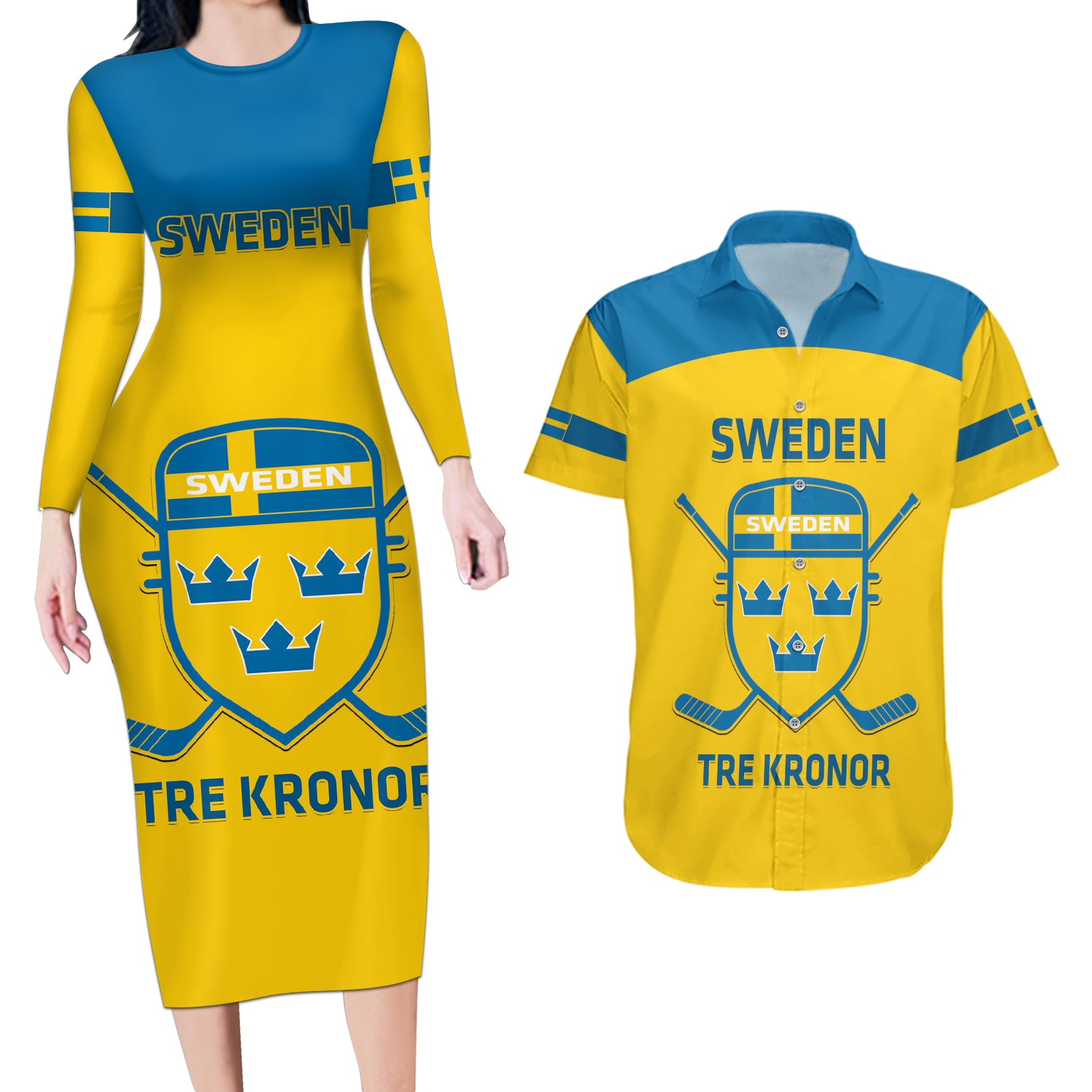 Custom Sweden Hockey Couples Matching Long Sleeve Bodycon Dress and Hawaiian Shirt 2024 Go Swedish - Wonder Print Shop