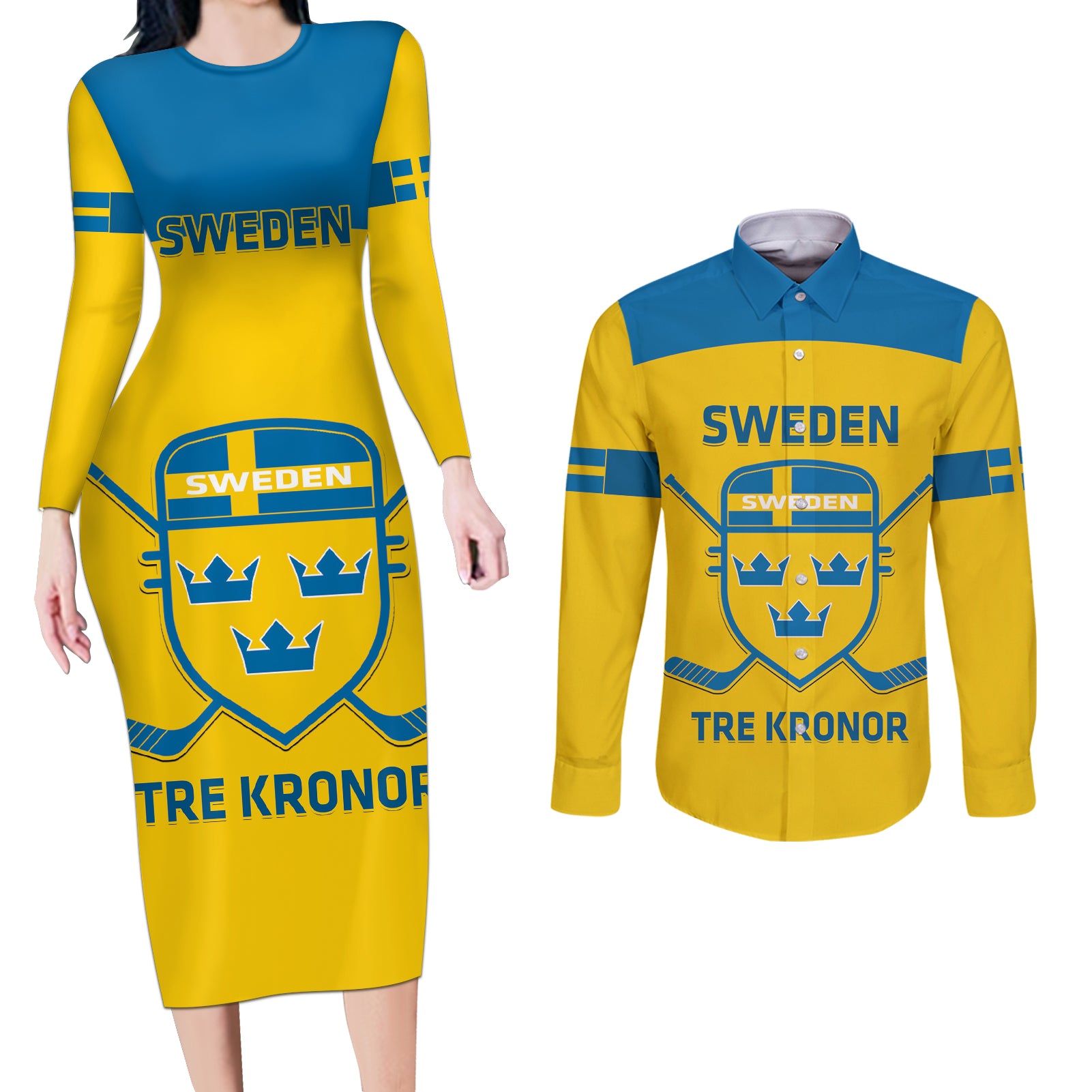 Custom Sweden Hockey Couples Matching Long Sleeve Bodycon Dress and Long Sleeve Button Shirt 2024 Go Swedish - Wonder Print Shop