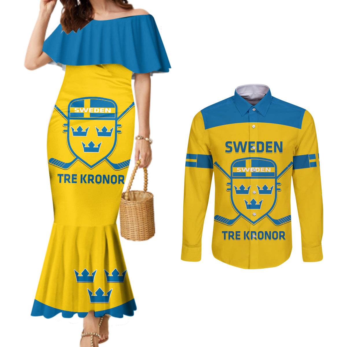 Custom Sweden Hockey Couples Matching Mermaid Dress and Long Sleeve Button Shirt 2024 Go Swedish