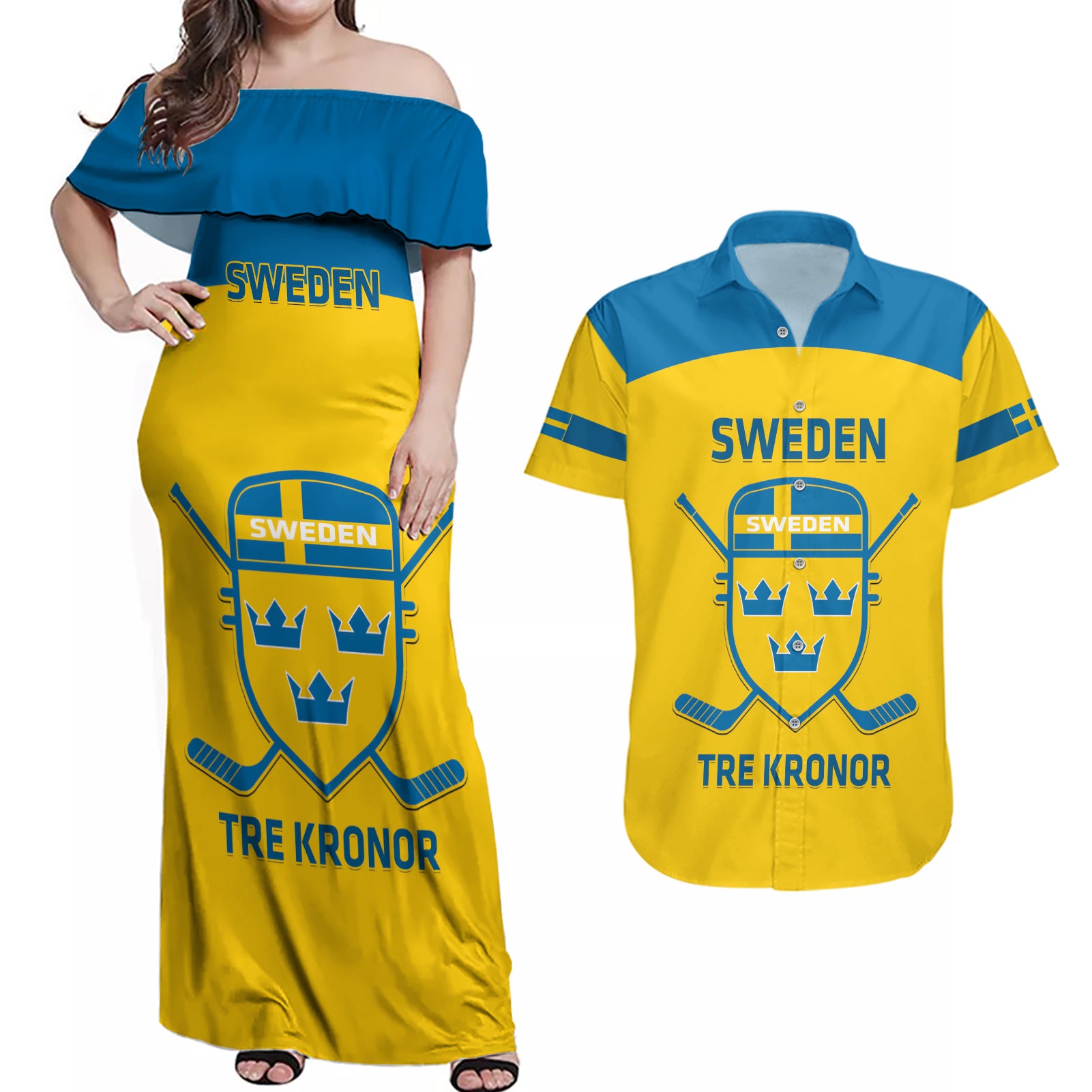 Custom Sweden Hockey Couples Matching Off Shoulder Maxi Dress and Hawaiian Shirt 2024 Go Swedish - Wonder Print Shop