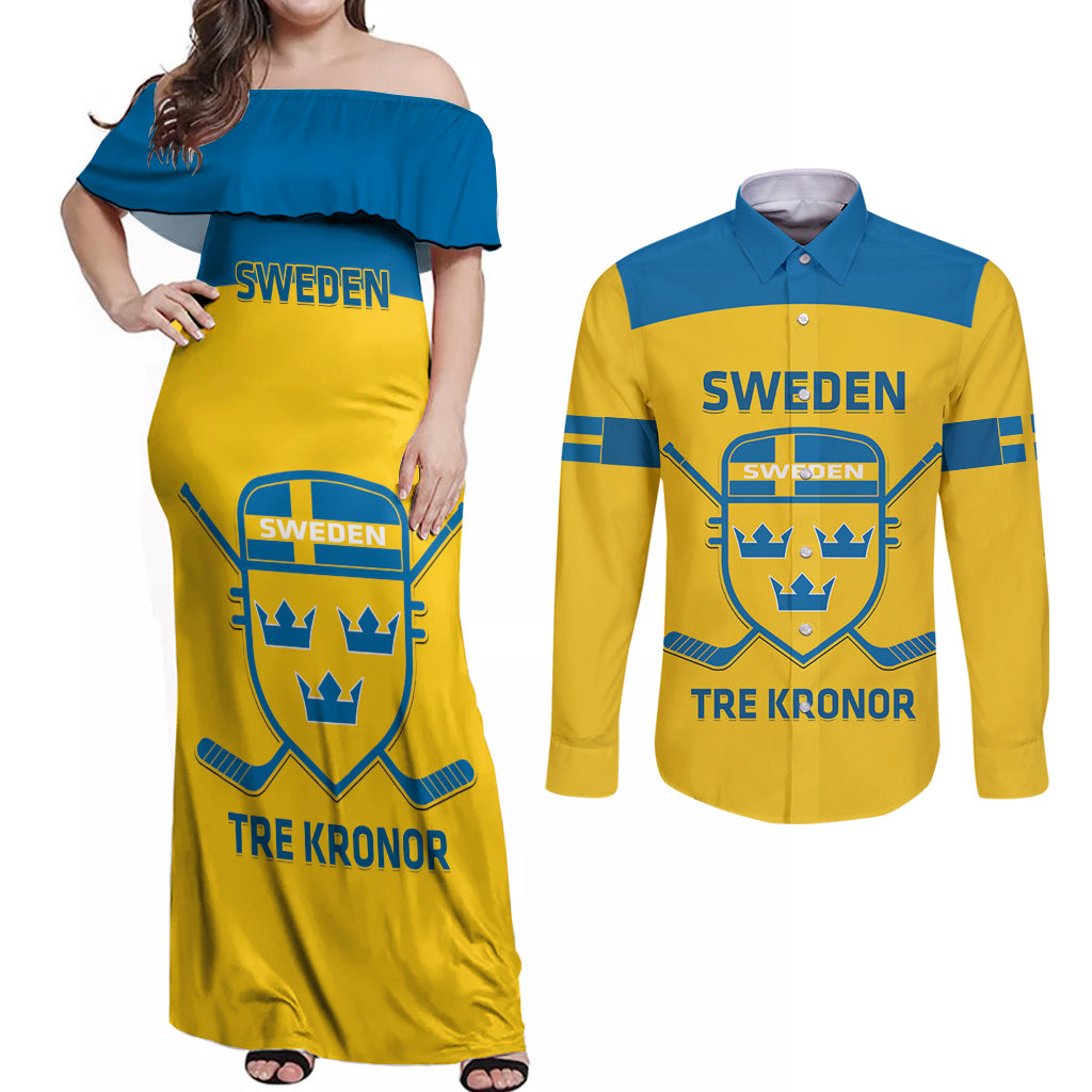 Custom Sweden Hockey Couples Matching Off Shoulder Maxi Dress and Long Sleeve Button Shirt 2024 Go Swedish - Wonder Print Shop